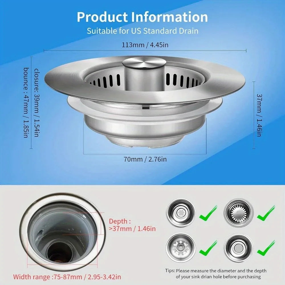 3-In-1 Stainless Steel Kitchen Sink Strainer - Pop-Up Stopper with Anti-Clogging Basket and Odor Filter, Easy Clean Drain Strain
