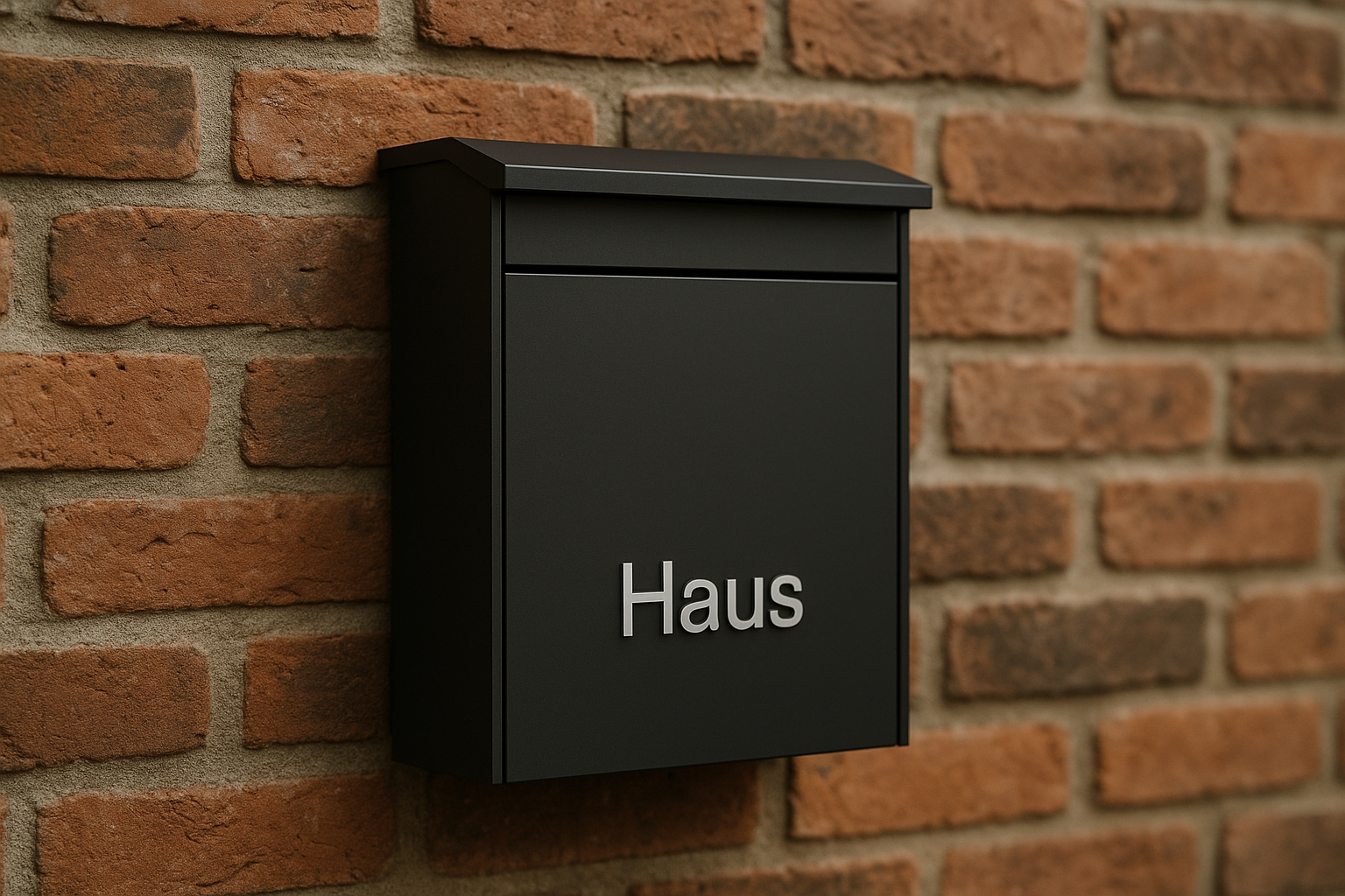 Brick house wall, with modern black post box with text “Haus” real life graphics